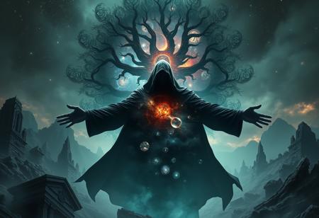 A universe inside a dark cloaked figure within mysterious landscape in an unfathomable realm of fantastic creation inhabited by ancient shadows of a forgotten time beyond the gate of the gateless gate where life is limitless, light is shadow and shadow is light, eerie sense, horror, spark of the beginning, existence and nonexistence at once, ethereal, outstretched arms, behold the end of the beginning, inglorious glory to the dark one, betrayal of the ancient order, beware the 7headed beast, destroyer of the old ways, bearer of the unbearable, nightmarish, archaic runes, tree aging backwards, breath of the gods, ruins of a place unimagined, extreme intricate detail, photorealistic, beyond epic scene, fate discarded, unseeable face of god, the end is the beginning, the beginning is the end, man arises as god dies, as above so below, as below so above, emerald tablet, thoth, guardian and saboteur of existence, hopeless hope, ghosts of the unborn, conception of the inconceivable, cosmic well of imperceptible perception, evil aura, infinite emptiness, pillars of void, overwhelming subtlety, abstract sacred geometry, beams of readiness without intention, gift of doom, despair of the ages, hidden secret warnings from dead gods, carved by the conductor of unholy loneliness of time incarnate, consumed by the night itself, beautiful tragedy of hellish discovery, unraveling mist of unreal reality, philosophers stone