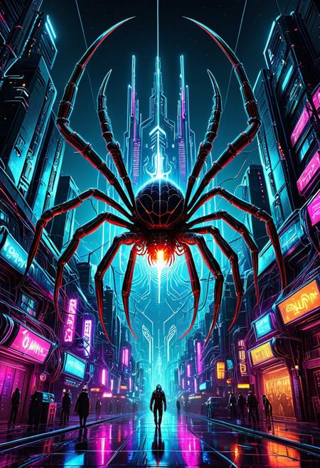 cyberpunk spider towering over a futuristic city, massive biomechanical limbs, glowing neon circuits and wires, digital HUD elements floating around, quantum energy core pulsating in its chest, dark skyline illuminated by neon lights and holograms, cinematic atmosphere, ultra-detailed concept art, poster composition, centered subject, dramatic perspective, vibrant colors, science fiction style, high-tech textures, dynamic lighting, poster art, qu4ntum