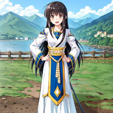 <lora:viki_suikoden:0.88>,  viki suikoden, 1girl, solo, long hair, brown hair, ((masterpiece)), (best quality), 1girl, alone, bridge, grass, focused, close angle, grabbing, blush, worried, detailed, anime, brown eyes, hand on hip, cowboy shot, shoes,long sleeve, black hair, flats, holding, :d, ribbon,chinese clothes, bangs, footwear, colorful, full body, standing, cliff, mountain, ocean,  looking to viewer, stone castle middle ocean, white dress, white clothes, blue, bottomless, magic staff, blue sleeve