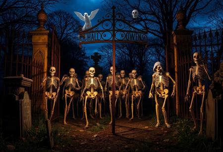 The cemetery gates creak open as the night falls on Halloween. Zombies, with their rotting flesh and vacant eyes, claw their way out of the graves. Their moans echo through the still air. Skeletons, rattling their bones, rise up and start to form a macabre parade. Some are missing limbs but still move with an eerie grace. Ghostly figures float above, their transparent forms adding to the horror. A mummy, wrapped in tattered bandages, shuffles forward, and a werewolf howls in the distance, as if announcing the return of all these undead beings to the world of the living.