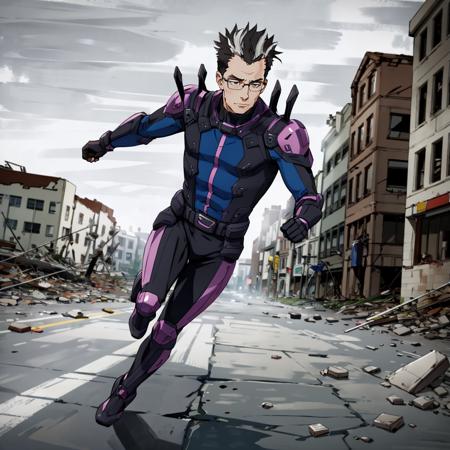 masterpiece,high quality,solo,outdoors,a devastated town,collapsed buildings,rubble,
<lora:Ojisan001:0.7>,looking at viewer,
Ojisan,1oldman,
streaked hair,hair slicked back,short hair,spiked hair,two-tone hair,multicolored hair,black hair,white hair,brown eyes,
glasses,
black bodysuit,shoulder armor,
belt,
pants,
boots,sprint,motion_blur,