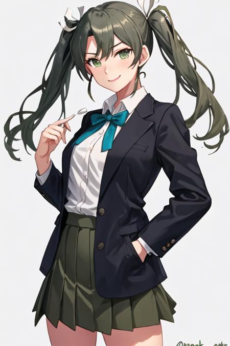 best quality, masterpiece, highres, solo, {zuikaku_kantaicollection:1.15}, long_hair, twintails, ribbon, hair_ribbon, green_hair, green_eyes, smile, white_ribbon, 1girl, alternate_costume, jacket, looking_at_viewer, shirt, simple_background, black_jacket, blazer, pleated_skirt, skirt, twitter_username, blue_background, cowboy_shot, grey_hair, hand_in_pocket, school_uniform, white_shirt