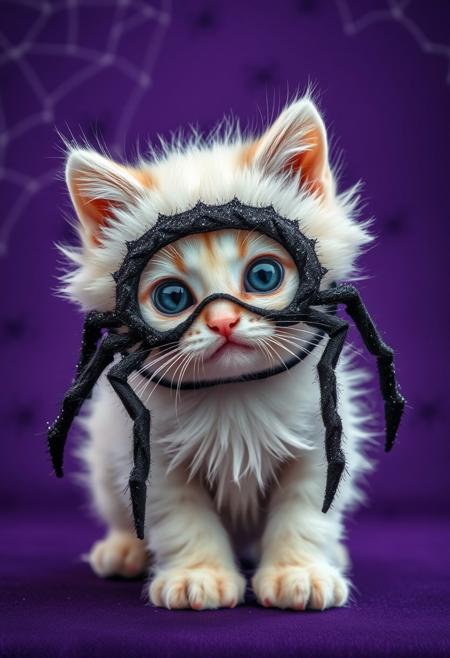 A hyper-stylized image of an adorable kitten, wearing a tiny spider costume over its face, complete with intricate, detailed webbing and beady, black eyes. The kitten's fur is a soft, fluffy white, with a subtle, textured pattern of whiskers and nose wrinkles. The spider costume is a vibrant, bold black, with a sparkly, glittering edge that adds to the overall sense of whimsy and charm. The background is a deep, rich purple, with a subtle, textured pattern of cobwebs and spiders, adding to the overall Halloween atmosphere. The kitten's expression is one of playful, mischievous innocence, as if it's enjoying the thrill of dressing up as its favorite arachnid. highest-Quality, intricate details, visually stunning, Masterpiece