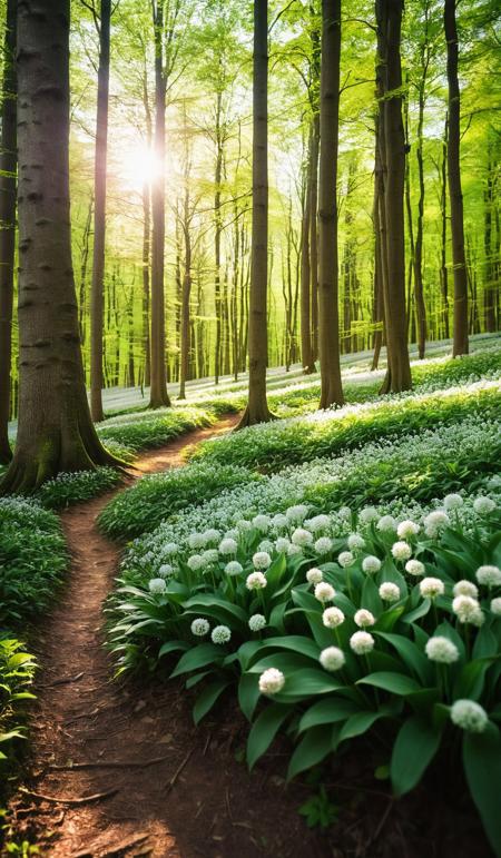 photo by Melissa Stemmer, Common Beech forest (Fagus sylvatica) with flowering Ramsons (Allium ursinum), Hainich National Park, Thuringia, Germany, Europe, breathtaking photograph, <lora:melissa-stemmer-1.0:1>, cinematic look, minimalistic, blurred background, warm atmosphere, daylight, professional color grading, simple look, unedited photography, natural, unassuming, simple style, award-winning, stunning, glistering light, golden hour, kodak kodachrome, vintage look, vibrant colors, Retro filter, vintage style, Instagram toning effect, <lora:add-detail-xl:2>