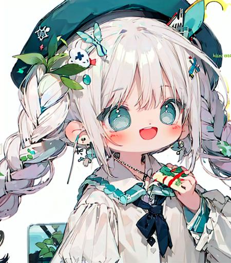 mianhuawawa, 1girl, :d, bangs, blush, braid, floral print, flower, hair flower, hair ornament, long sleeves, looking at viewer, open mouth, simple background, smile, solo, twin braids, upper body, white background, white flower, long hair, blue eyes, skirt, shirt, hat, holding, twintails, jewelry, white shirt, white hair, cowboy shot, earrings, puffy sleeves, collared shirt, artist name, signature, necklace, aqua eyes, leaf, blush stickers, own hands together, plant, red headwear, puffy long sleeves, no nose,
, <lora:mianhuawawa:1>