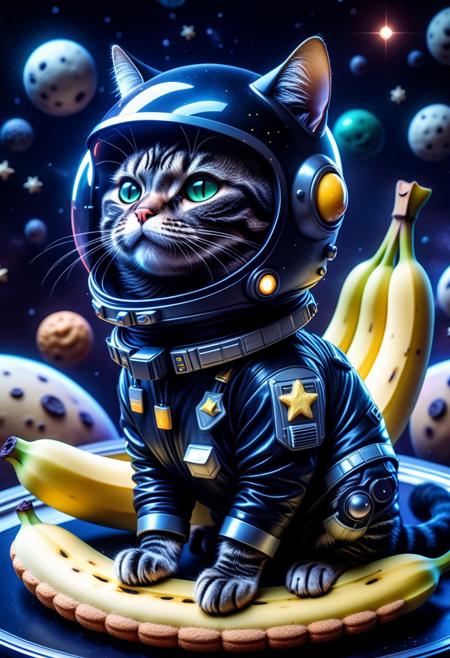 ultrarealistic concept art, an elegant obsidian jade spaceship shaped like a banana piloted by a cat wearing pajamas and a pilot helmet, space background with neon stars shaped like cookies, comically serious sci-fi vibes