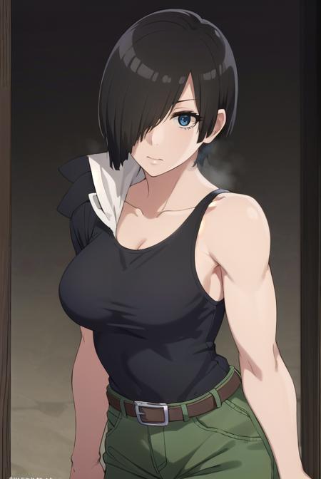 nk cell, short hair, black hair, (hair over one eye:1.5), (black eyes:1.5), shorts, belt, tank top, green shorts, collarbone, cleavage, bare shoulders, bare arms,
