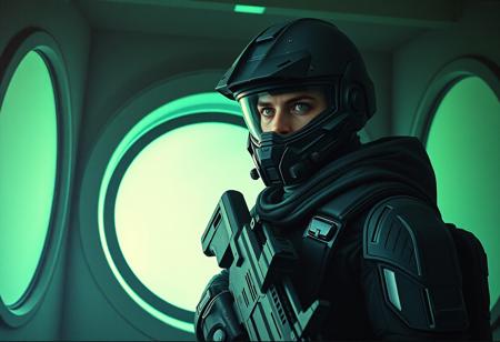 A Surreal Oil Painting of a futuristic soldier, standing in a dimly lit room. The soldier is equipped with a helmet and a gun, suggesting readiness for combat, Super Detailed Face and Eyes and Clothes, Beautiful Detailed Eyes, Lifelike Details. The room is characterized by a large circular window in the background, which is illuminated by a green light, casting an ethereal glow on the soldier, Captivating Lighting. The soldier's position in front of the window and the green light create a sense of depth in the image, Attractive Background. The overall color scheme is dominated by shades of green and gray, Stunning Colors, Harmonious Colors, Multi Colored. adding to the futuristic and mysterious atmosphere. 4K, 4K, Exceptional Quality, More Detail, Handcrafted with Precision, High Quality, Sharp Lines and Brush Strokes, Contemporary Aesthetics, Beautiful Matte Painting, Impeccable Composition, Creative Angle, Balanced Editing, Intentional Focus, Well-timed Moment, Isometric, Dynamic Action Pose, Grammer Effect Style, Splash Ink Illustration, Octane Render, Octane Render, Unreal Engine 5, Raphael Style, Houdini Style, Vivid Emotions, Joyful Impact, Powerful Message, CGSociety, Artstation Trending on ArtstationHQ, Golden Ratio, trending on artstation, concept art, detailed, detailed, high definition, sharp focus, insane detail, volumetric lighting, very detailed.