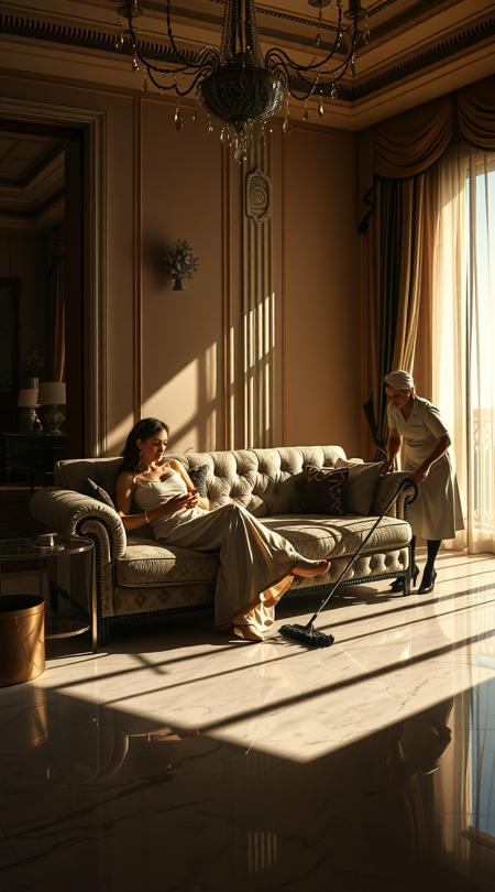 In a lavish, sunlit Dubai apartment, a glamorous housewife lounges on a silk-upholstered couch, scrolling her phone. A maid diligently wipes the marble floor. Shadows create a melancholic atmosphere reminiscent of Hopper's poignant style.