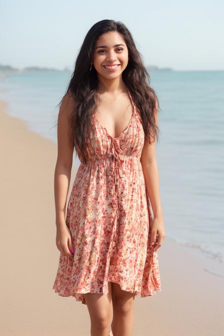 a 24 y/o Latina woman, (smile:0.05), floral print dress, beach