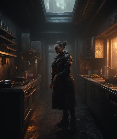 <lora:HellAI_XL:1> DonMH311XL, HellAI, monster,fire,  dark, darkness, stygical, eerie, ((best quality)), ((masterpiece)), ((realistic,digital art)), (hyper detailed), Virtual Reality Architectural Visualization Studio,  cyberpunk, sci-fi, gloomy, octane rendering, raytracing, volumetric lighting, Backlit,Rim Lighting, 8K, HDR,                 black & yellow, industrial, heavy duty, modular,           A highly detailed mother in her kitchen preparing meal, window sunny day, happy, smiling,