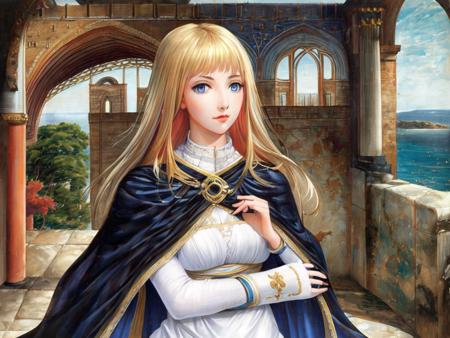 at historical castle; solo, waifu with blonde hair, blue eyes, white dress and black cape; exceptional, best aesthetic, new, newest, (anime), masterpiece, best quality, ultra detailed; correct anatomy, golden ratio, perspective; painting by John William Waterhouse