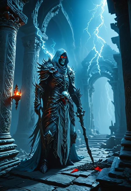 In a game-RPG fantasy setting, a formidable human undead lich, cloaked in white and adorned with spiked armor, menaces with an eldritch staff featuring a skull atop. The character's red eyes glow intensely, while blue lightning crackles around their figure. Set within the eerie ruins of an ancient temple, the atmosphere is both haunting and atmospheric, eliciting a sense of dread and ancient power. The high-definition visuals showcase ultra-detailed, cinematic lighting that further enhances the scene's otherworldly essence.