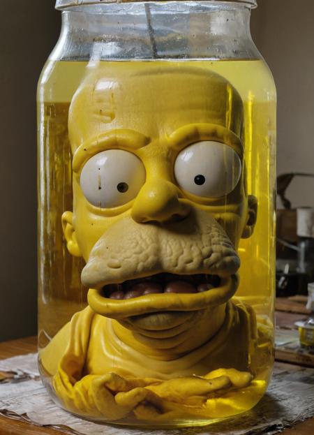 Homer Simpson head inside formaldehyde jar, yellow cloudy liquid, standing on the table, sunlight, High detailed, 8k  <lora:Formaldehyde_Jar:1.3>