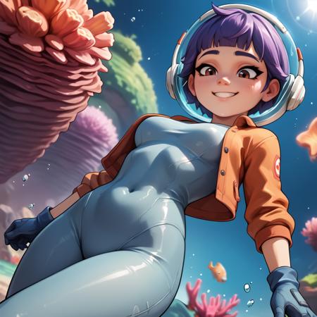 juno overwatch, purple hair, short hair, gloves, bodysuit, covered navel, breasts, medium breasts, blue gloves, multicolored hair, pink hair, space helmet