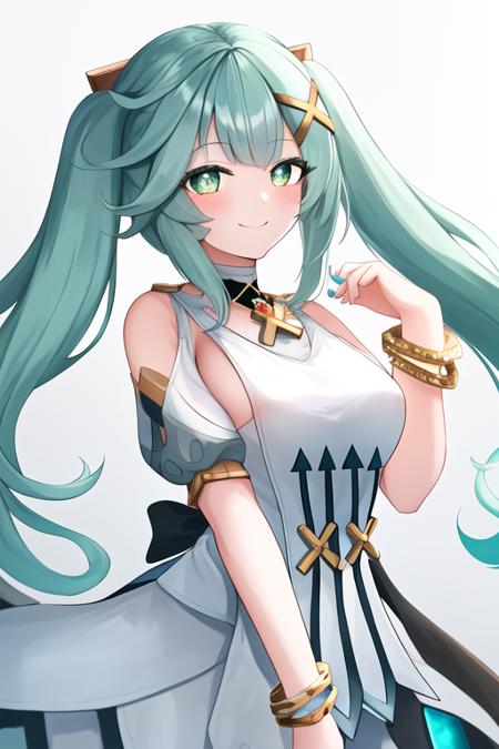 masterpiece, best quality, highres, solo, {faruzan_genshin:1.10}, long_hair, twintails, bangs, hair_ornament, aqua_hair, x_hair_ornament, breasts, jewelry, green_eyes, small_breasts, bracelet, symbol-shaped_pupils, 1girl, bare_shoulders, dress, short_sleeves, white_dress, looking_at_viewer, simple_background, white_background, closed_mouth, smile, upper_body