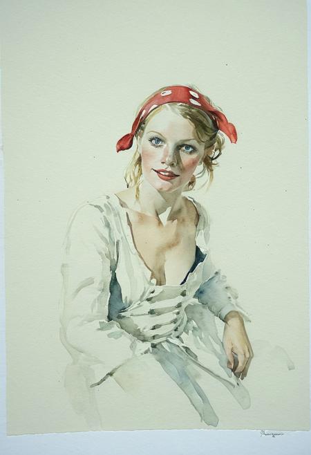 Facial expression style, (watercolor:1.3), (Gil Elvgren:1.1), ((clever pirate)) British female (cute:1.4), (sagging empty breasts:0.7), (Andrew Wyeth:0.4)