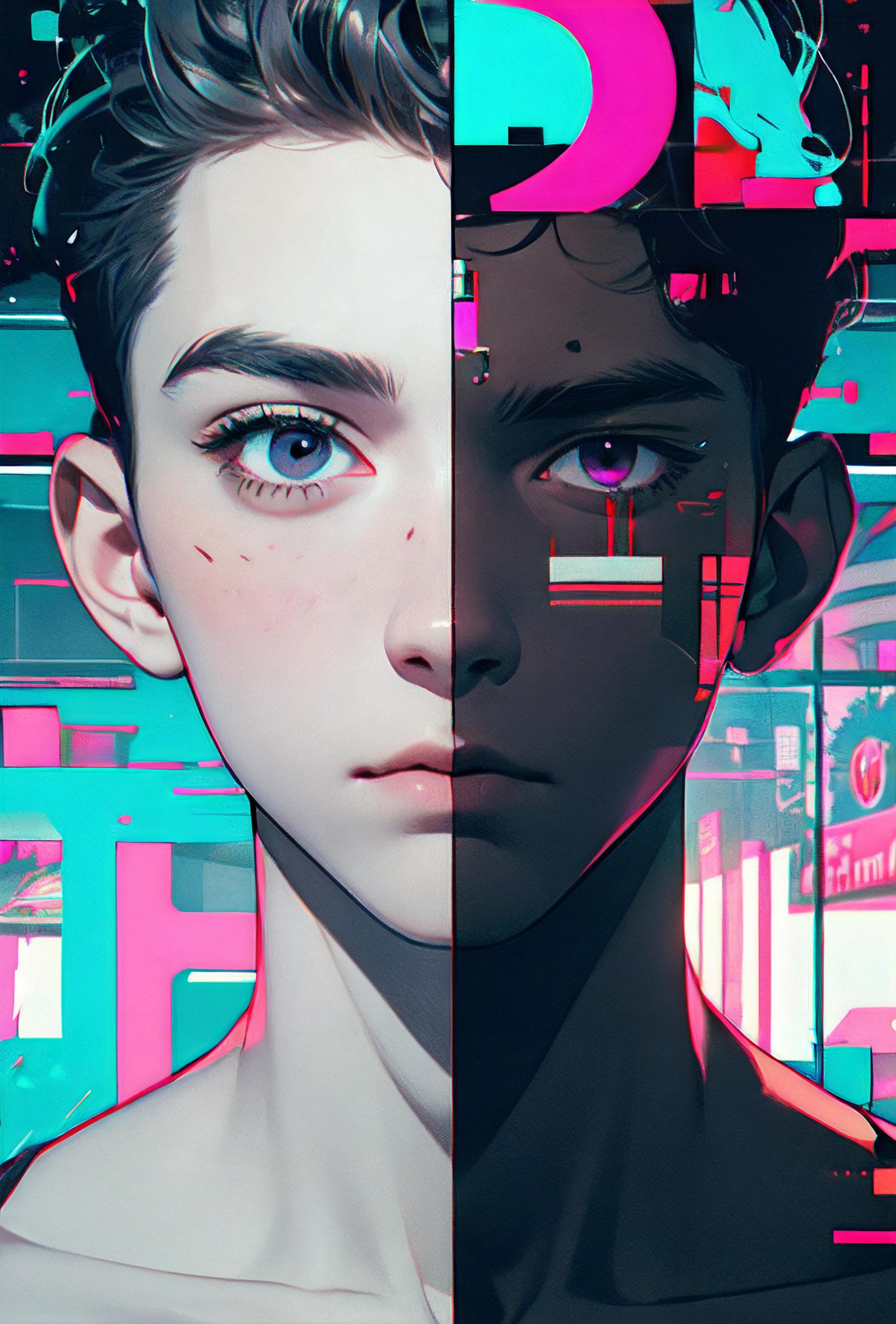 A split image of a boy with two different colored eyes and mouths.