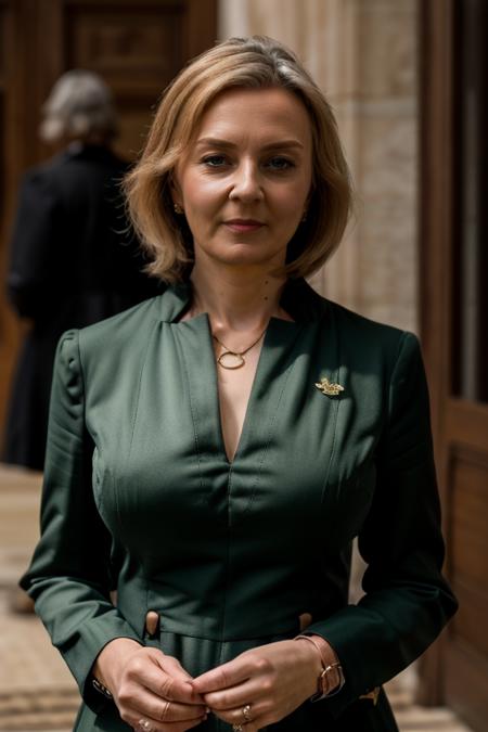 <lora:Liz_Truss:1> masterpiece, best quality, detailed face, 1woman, solo, a mature l1873t, realistic, green dress