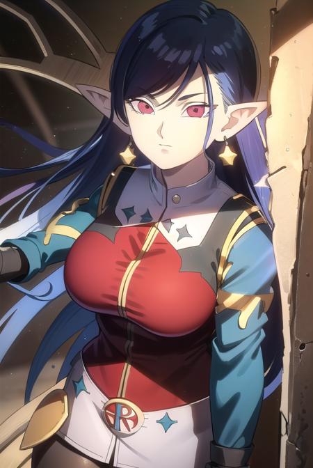 robelu, long hair, blue hair, pointy ears, (red eyes:1.3), gloves, jewelry, earrings, belt, uniform, military, military uniform,