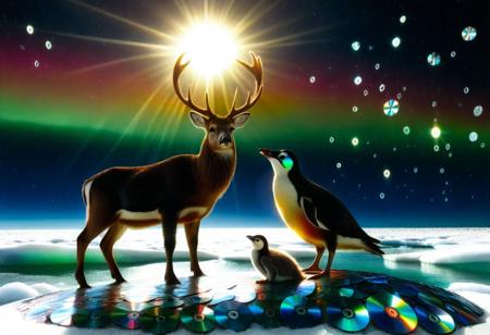 A frozen arctic glacier under northern lights, where a parent penguin and its chick stand on the ice. Both are crafted from CD fragments and shimmering disks, their surfaces refracting blue, pink, and white light. A quiet, emotional scene of parenthood made from data memories.
made out of cds, (shiny:0.8), perfect composition, (plant:1.3), elaborate, (ultra realistic:1.1), detailed background, masterpiece,  made of cd's, fuzhu deer,, fantasy