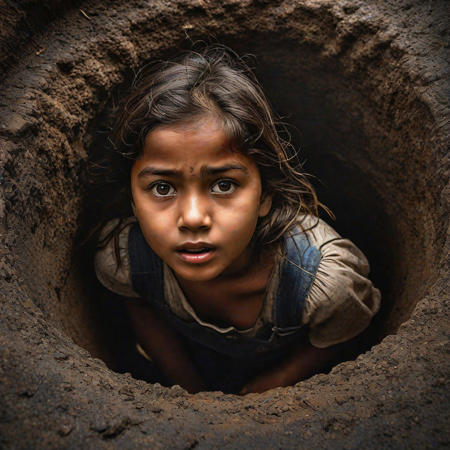 Illustrate the perspective of the trapped girl within the borewell. Showcase her innocent face framed by darkness, capturing her fear, confusion, and the dim light from above. Emphasize the isolation and vulnerability of her situation,beautiful:1.4), (intricate details, masterpiece, best quality:1.4),dynamic pose