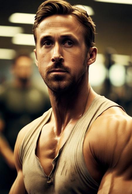 4k, ryan gosling a man <lora:ryan-gosling:1> in the gym, sweaty, muscular, abs, pecs, slight smile, back to camera, flexing, guys in the background admiring him.