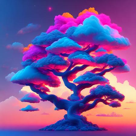 (neontreehouse style:1) a computer generated image of a tree with clouds in the background <lora:djzNeonTreehouseV21_LoraBooth:1>