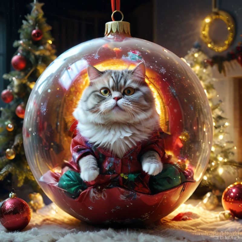 A cat wearing a red dress and sitting inside a large ornament.