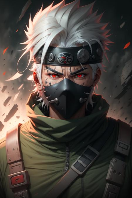 masterpiece, best quality,kakashi, 1boy, solo, male focus, ninja, red eyes, scar, forehead protector, looking at viewer, scar on face, mask, mouth mask, white hair, weapon, upper body, scar across eye, debris, spiked hair, konohagakure symbol, weapon on back, short hair