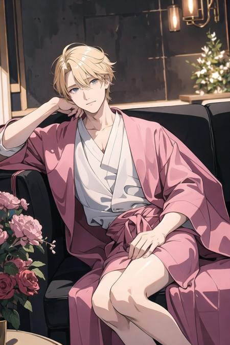 best quality, a cool blonde male in pink robe sitting on black sofa