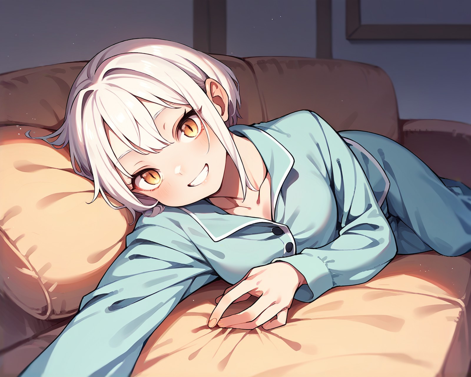 score_9, score_8_up, score_7_up, source_anime, solo, 1girl, pajamas, lying, on couch, looking at viewer, smile, ffc selfie...