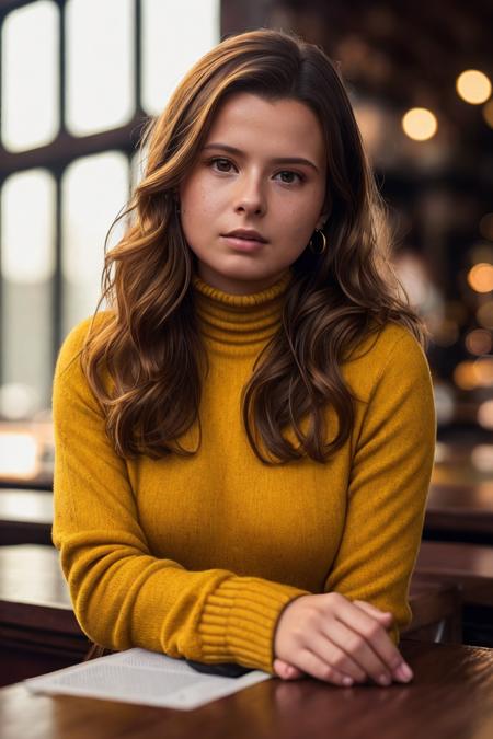 photo of extremely sexy (n3ub4u3r-140:0.99), a woman as a sexy student, closeup portrait upsweep updo, (yellow tight long sleeve turtleneck top), at a cantina sitting bar (masterpiece:1.5) (photorealistic:1.1) (bokeh) (best quality) (detailed skin texture pores hairs:1.1) (intricate) (8k) (HDR) (wallpaper) (cinematic lighting) (sharp focus), (earrings)