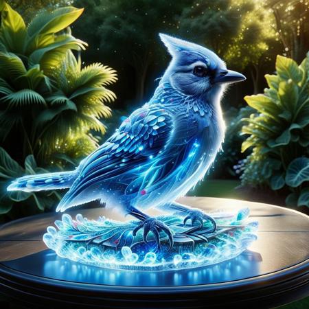 Bird blue jay made of crystal on a table,garden background,sunny day,highly detailed,masterpiece,high quality,pamcrystal