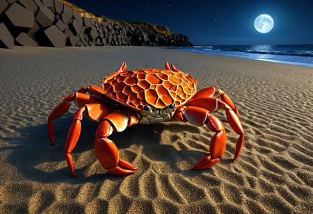 Geometric Transformation, ((crab)) made out of voronoi,  basalt columns, Hagiophobia, beach, ocean, sand, moonlight, dramatic, vibrant colors, vivid colors, Masterpiece, best quality, amazing quality, volumetric lighting, SFW, PG, exquisite detail, digital art, highly detailed, beautiful, surreal, lazypos,