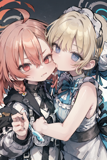 masterpiece, best quality, 2girls, cheek biting <lora:cheekbiting:0.7><lora:bluearchivefull1:1>
AND
masterpiece, best quality, 2girls, cheek biting, nerudef, blush
AND
masterpiece, best quality, 2girls, cheek biting, tokidef