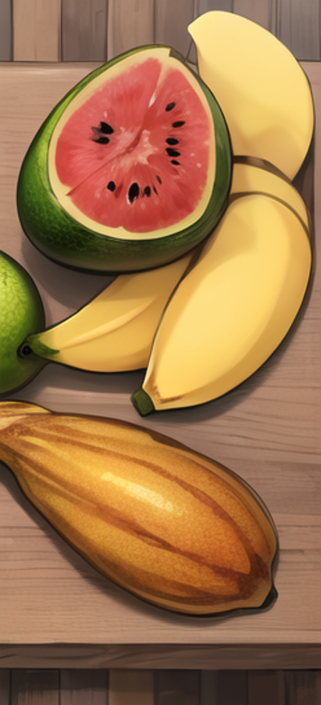 A banana, a pear, an apple, a watermelon, a cherry, a sweet potato,<lora:FoodAssets-15:1>,luxurious wooden table background