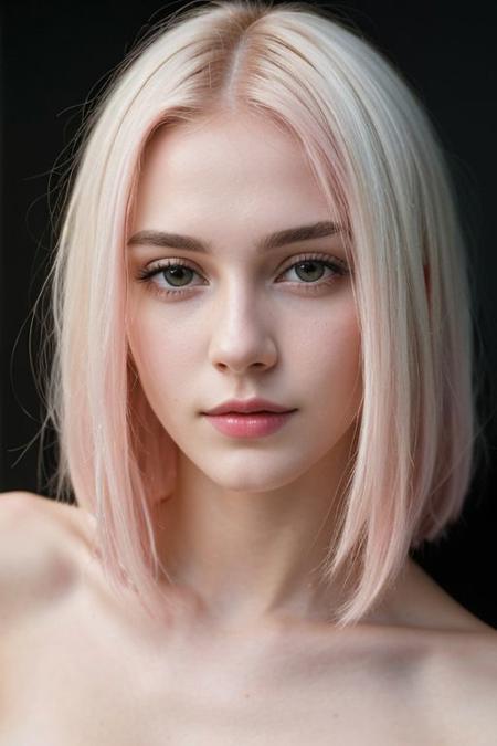 (a cute girl, 22 years old, pale skin , pink hair ,skinny:1.1), (best quality, high quality, photograph, hyperrealism, masterpiece, 8k:1.3), mestizo, burly, white shaggy hair, dark skin, smile, (low-key lighting, dramatic shadows and subtle highlights:1.1), adding mystery and sensuality, trending on trending on artsy, concept art, (shot by helmut newton:1.1), rule of thirds, black and white, modern,shiny skin, epiCRealism, epiCNegative