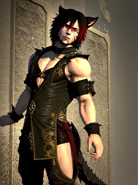 <lora:MaleMiqote:.7>, animal ears, miqo'te, 1boy, solo, male focus, cat ears, red hair, multicolored hair, red eyes, facial hair, facial mark, black background, cat boy, short hair, black hair, two-tone hair, tail, looking at viewer, cat tail, bangs, hair between eyes, gradient hair, slit pupils,