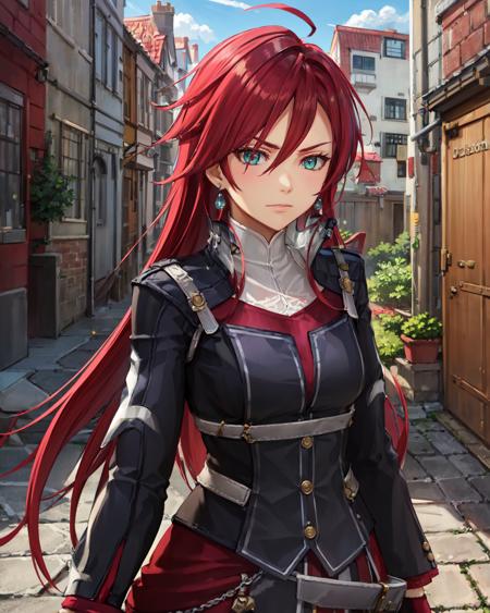 best quality, (masterpiece:1.2), illustration, absurdres,
(1girl), (solo), (beautiful detailed girl),  (upper body, portrait),
<lora:CelisV2-08:1>, Celis Ortesia, red hair, long hair, messy hair, aqua eyes, medium breasts, earrings,  jewelry,
armored dress, (long dress, long skirt:1.1), gown, belt, black pantyhose, black boots, knee boots, laced footwear, red gloves, fingerless gloves,
proud, confident, (angry:0.8), looking at viewer,
medieval town alley, cobblestone street, sky, clouds, buildings,