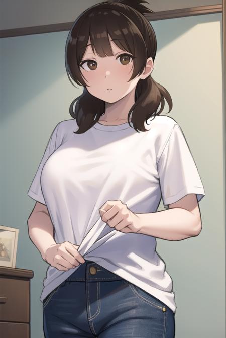 yuiashiro, <lora:yui ashiro-lora-nochekaiser:1>,
yui ashiro, bangs, blunt bangs, brown hair, (brown eyes:1.7), medium hair, ponytail,
BREAK shirt, pants, t-shirt, (white shirt:1.5),
BREAK indoors, bed,
BREAK looking at viewer, (cowboy shot:1.5),
BREAK <lyco:GoodHands-beta2:1>, (masterpiece:1.2), best quality, high resolution, unity 8k wallpaper, (illustration:0.8), (beautiful detailed eyes:1.6), extremely detailed face, perfect lighting, extremely detailed CG, (perfect hands, perfect anatomy),