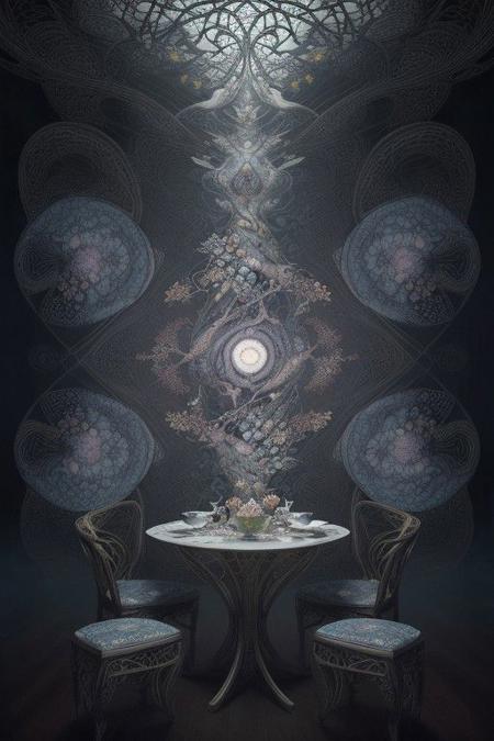 ultra detailed, beautiful and aesthetic, masterpiece, best quality, (zentangle, mandala, tangle, entangle), (fractal art:1.3) ,richly decorated table in the style of neoclassicism with Chinese porcelain set in white and blue color, fruits, flowers of lilies of the valley and blue violets , exceptional realism, a stunning art, abstract, flowery, romanticism, by james jean, roby dwi antono, ross tran, francis bacon, michal mraz, adrian ghenie, petra cortright, gerhard richter, takato yamamoto, ashley wood, atmospheric, ecstasy of musical notes, streaming musical notes visible, key visual, intricate, highly detailed, breathtaking beauty, precise line art, , volumetric light, a thick fog through which the rays of the rising sun pierce, an atmospheric haze,perfecteyes , by Minjae Lee, Carne Griffiths, Emily Kell, Steve McCurry, Geoffroy Thoorens, Aaron Horkey, Jordan Grimmer, Greg Rutkowski, amazing depth, double exposure, surreal, geometric patterns, intricately detailed, bokeh, perfect balanced, deep fine borders, artistic photorealism , smooth, great masterwork by head of prompt engineering 16k, artstation.