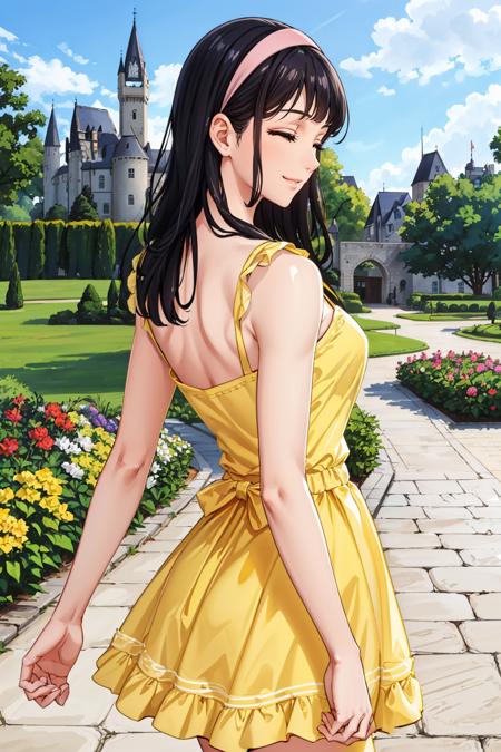 masterpiece, best quality,  <lora:guila-nvwls-v1-000009:0.9> guila, closed eyes, hairband, yellow sundress, from behind, smile,  <lora:edgChamYellowSundress:1> edgYSD,woman wearing a yellow sundress, garden, castle, blue sky