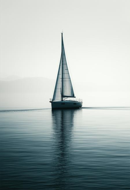 A solitary, elegant minimalist modern sailboat rendered in a style embracing the confluence of Impressionism and Minimalism. The vessel is a crisp, clean silhouette against a deep midnight black background, subtly shimmering with diffused, soft white light. Linear shapes and gentle curves define the form, creating a balanced and serene composition. Focus on reduction and uniformity of form, emphasizing the interplay of light and shadow. A sense of quietude and understated luxury. 8k, photorealistic, octane render, trending on artstation.