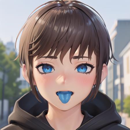 ((Masterpiece, Best Quality, 8k, best quality face, beautiful eyes)), ArnasAtakiyo, solo, smile, blue eyes, detailed background, brown hair, 1boy, solo focus, short hair, outside, blushing, looking at viewer, upper body, (open mouth:0.7), (blue tongue, colored tongue:1.4), black hoodie, black pants, <lora:Arnas_Atakiyo_NEW:0.45>