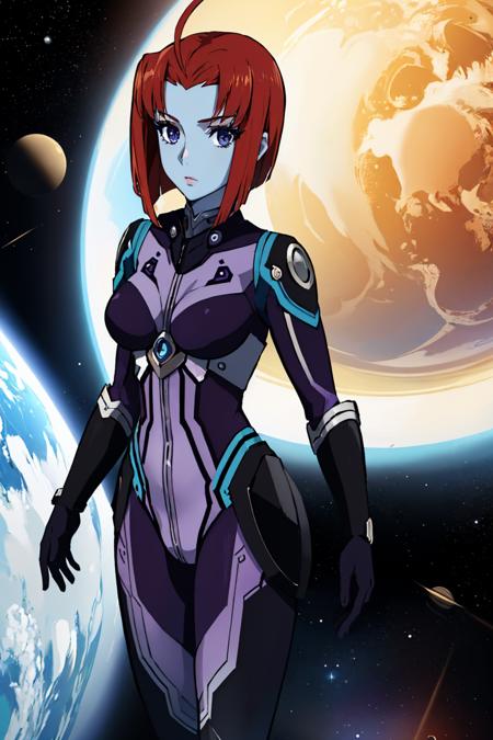 melda deitz, blue skin, ahoge purple bodysuit