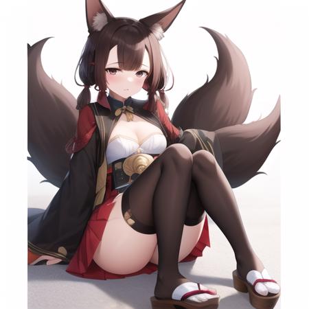 (masterpiece, best quality:1.2),illustration,8k,hd,1girl,solo,animal_ears,fox_ears,short hair,twintails,red_eyes,petite,brown_hair,small_breasts,fox_tail,multiple_tails,bangs,cleavage,fox_girl,hair ornament,hair bell,black thighhighs,short twintails,zettai ryouiki,animal_ear_fluff,long sleeves,ribbon,jingle bell,hakama short skirt,japanese_clothes,kitsune,red_skirt,skirt,wide_sleeves,black_gloves,kyuubi,brown_tail,pleated_skirt,clog sandals,<lora:Akagi-Chan(azur)>,