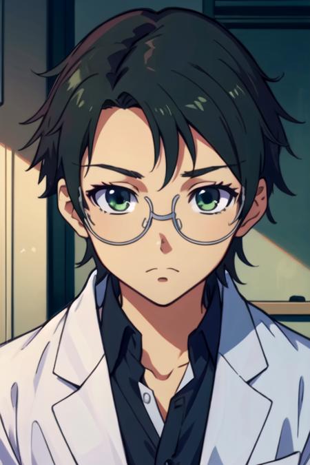 masterpiece, best quality, game cg, 1boy, solo, male focus, looking at viewer, upper body, depth of field, <lora:kengo_suguri:0.76>, kengo_suguri, black hair, green eyes, glasses, , , The Island of Dreams: A place where all your deepest desires come true,