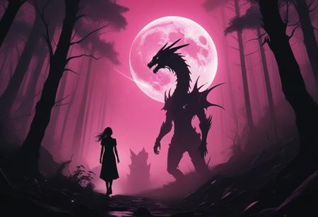 In a cyberpunk-inspired realm, Theme: Futuristic, cyberpunk-inspired tarot deck
The Moon: A figure, walking through a dark, foggy forest, is haunted by ghostly apparitions.
The background is the silhouette of a dragon emerges from the darkness, its form composed of the same vibrant energy. The entire scene is bathed in a contrast of deep blacks and brilliant pinks, creating a dynamic and visually striking composition. Particles of light scatter through the air, adding to the mystical atmosphere. This digital illustration blends elements of anime artistry with futuristic aesthetics, resulting in a captivating image that radiates energy and intensity.