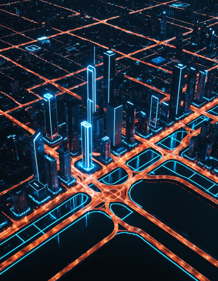 (TzigoCBS), cyberpunk city disguised as a giant circuit board, transistors as towers, capacitors as skyscrapers, copper paths forming roads and glowing blue signal lines forming rivers and lakes, high-altitude aerial view, sci-fi lighting, neon reflections, hyper-detailed, surreal illusion, hidden technology beneath urban patterns